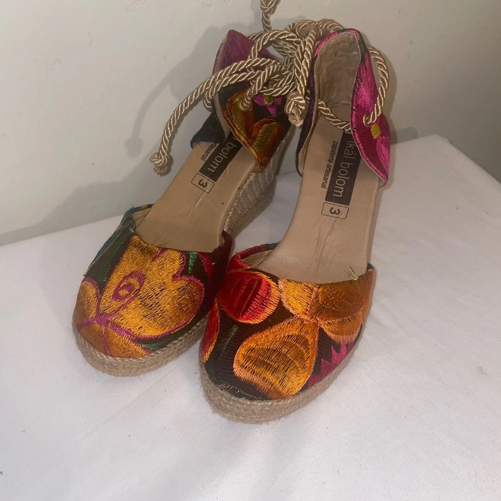 Ikal Bolom Embroidered Floral Espadrille Wedges Rope Lace Up Sandals Womens 3